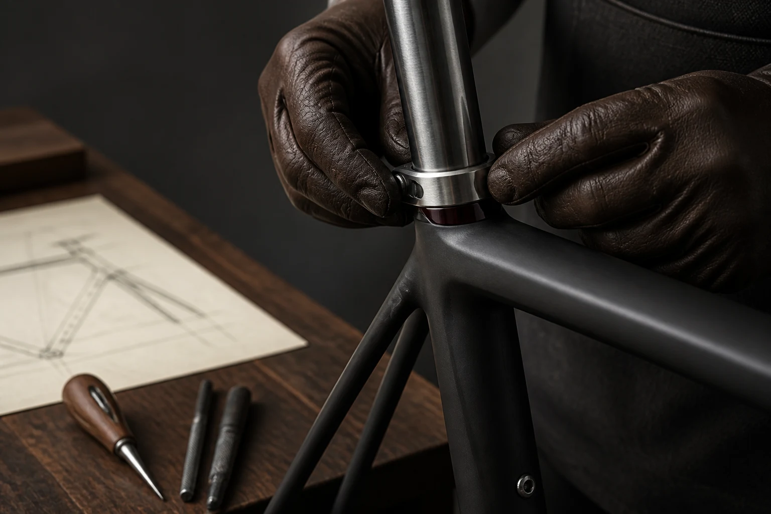 Craftsperson aligning a bicycle seatpost clamp at a walnut workbench