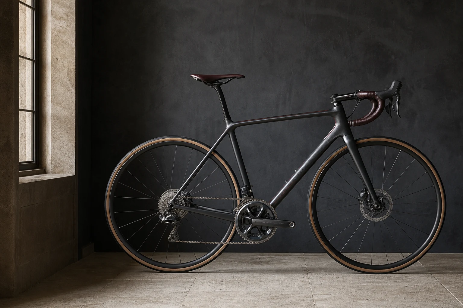 Graphite endurance road bicycle in a quiet stone atelier